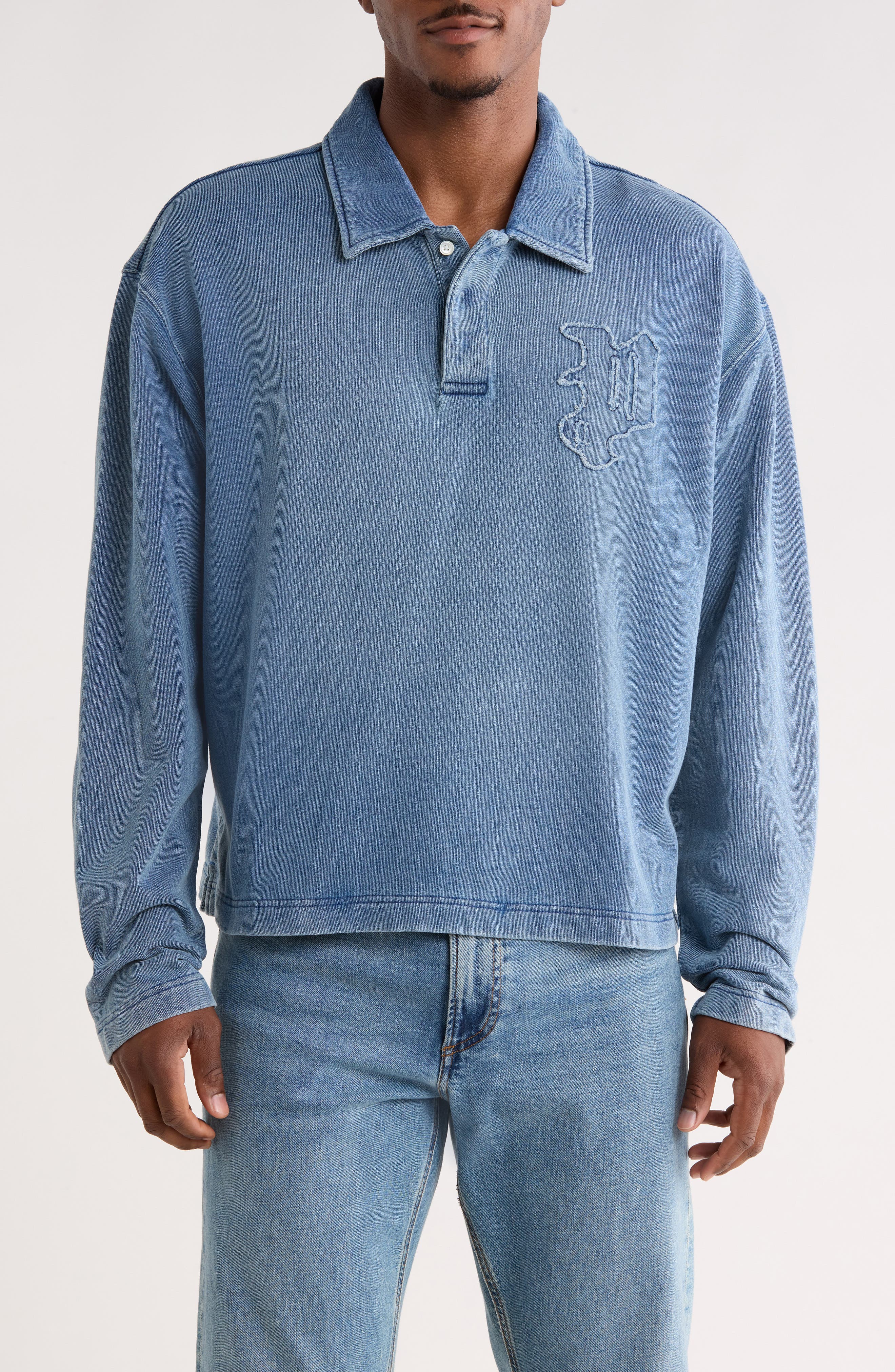 PURPLE BRAND Fleece Crossback Long Sleeve Polo