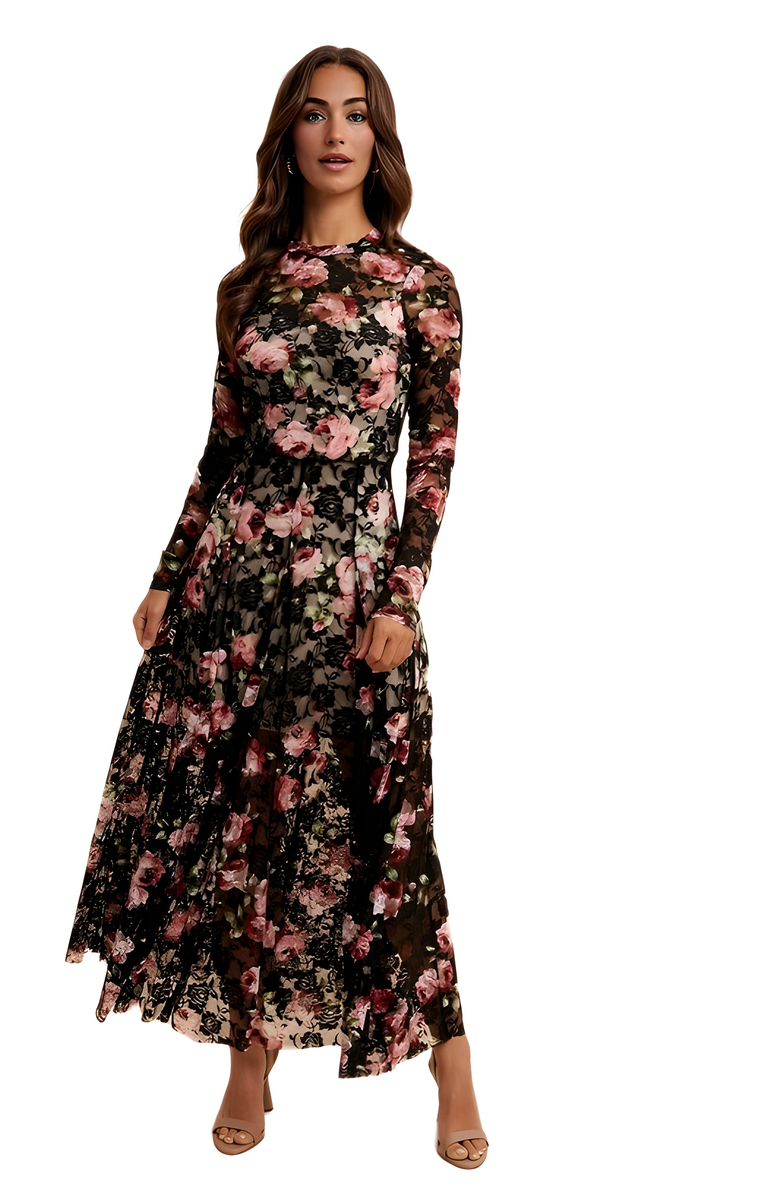 Knit and Lounge Long Sleeve Floral Lace Maxi Dress With Sheer Illusion Details, Alternate, color,
