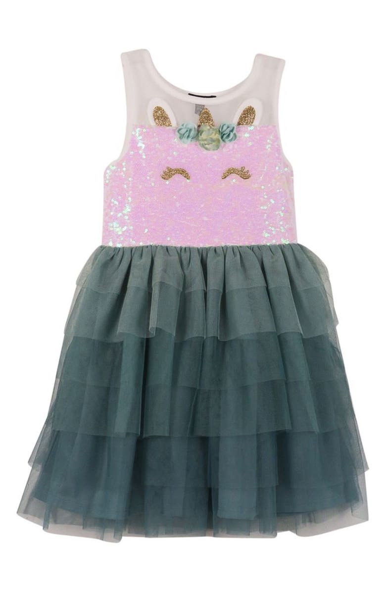 Zunie Kids' Sequin Unicorn Tiered Dress, Main, color, 