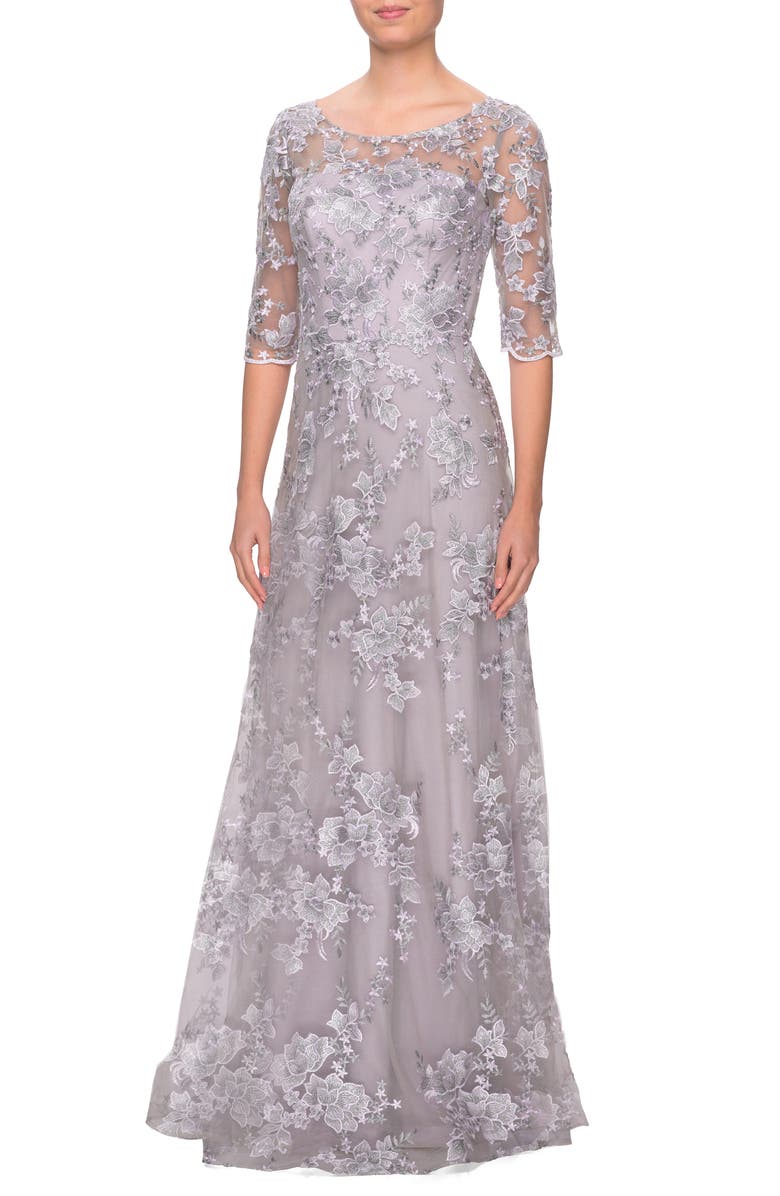 La Femme Shimmer Lace A-Line Gown, Main, color, 