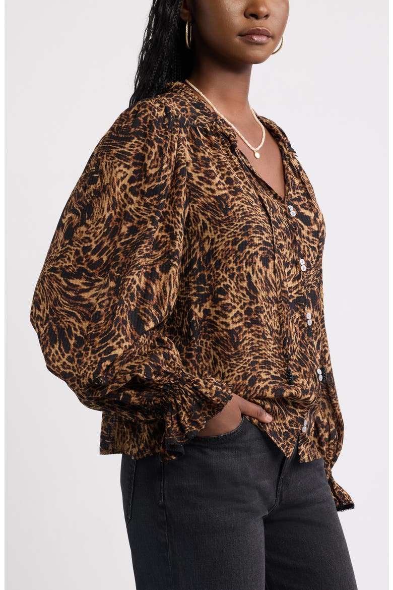 Floral Ruffled Button Front Shirt, Alternate, color, TAN- BLACK LEOPARD ABSTRACT