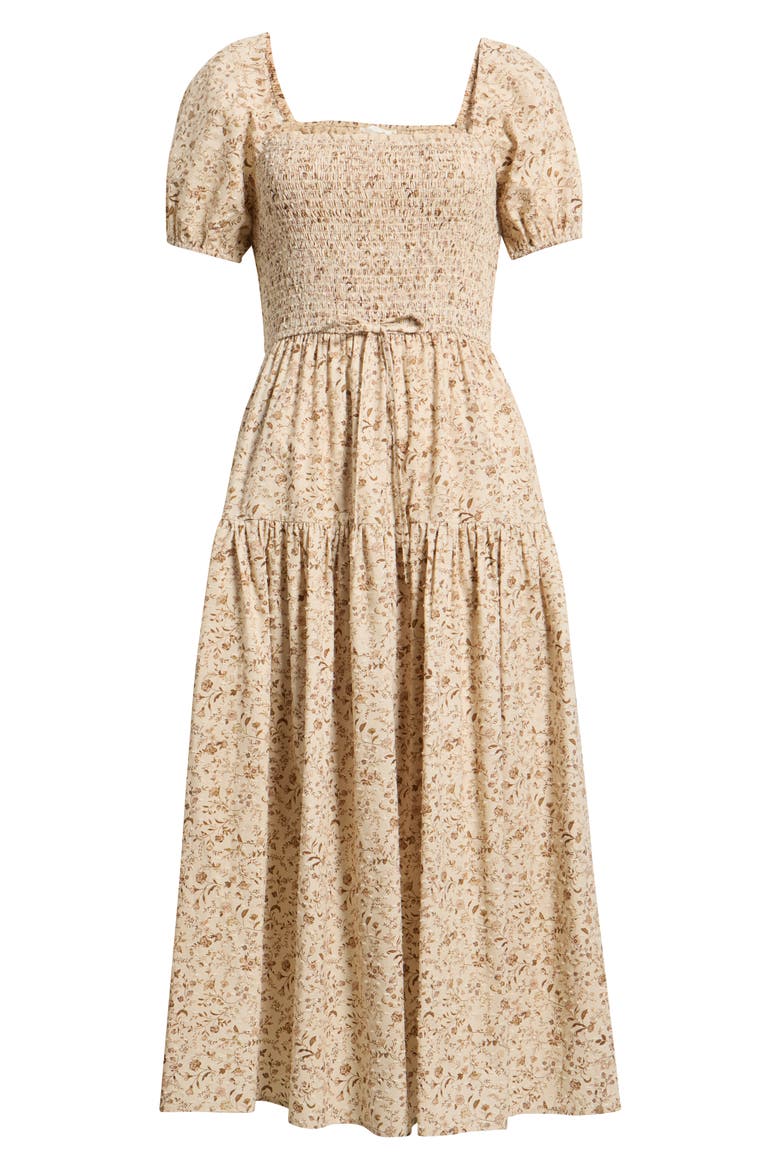 Floral Smocked Midi Dress, Main, color, LIGHT KHAKI