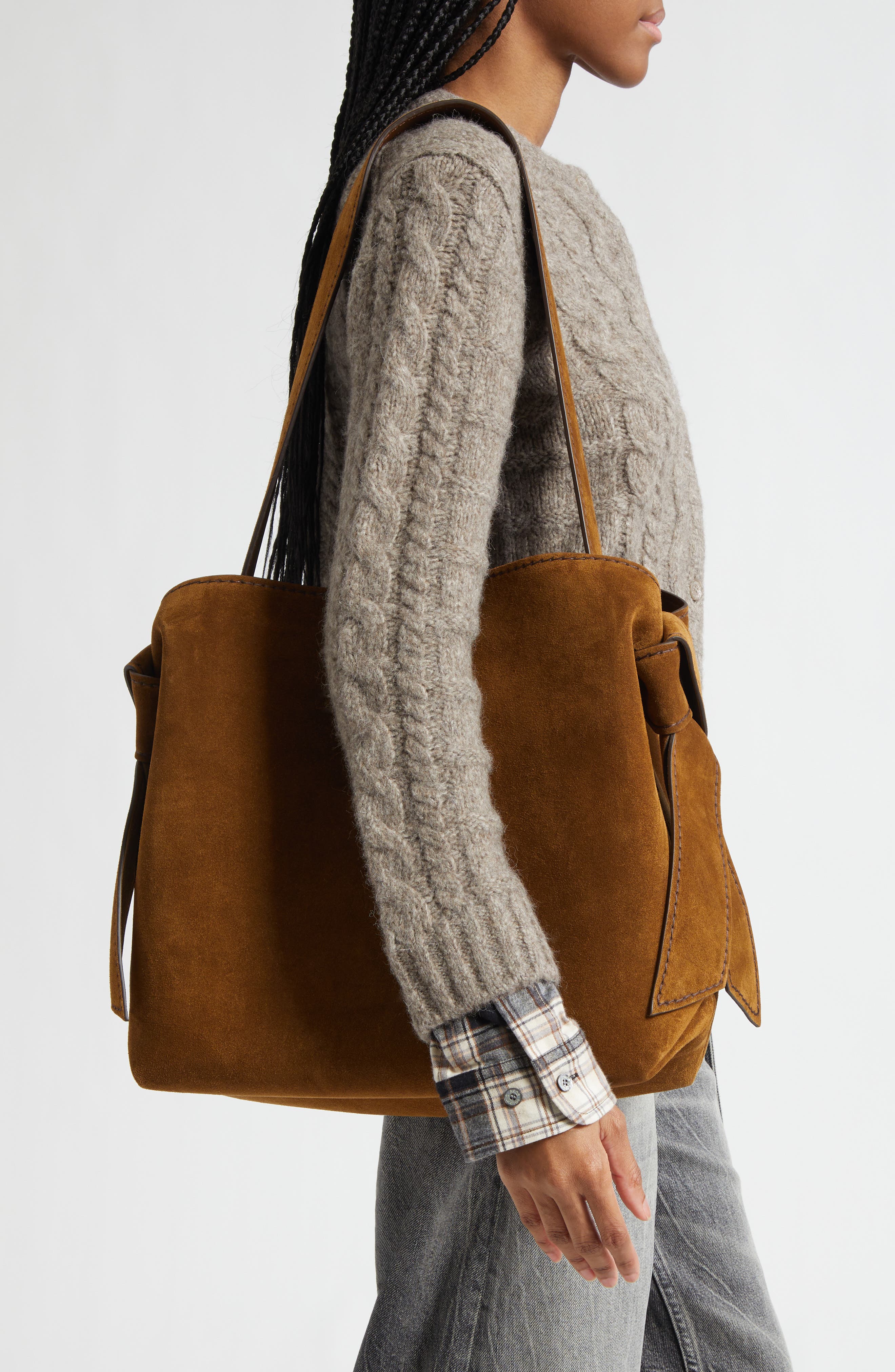 Acne Studios Midi Musubi Suede Shoulder Bag, Alternate, color, Cognac Brown