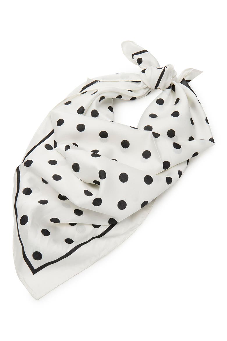Polka Dot Square Satin Scarf, Main, color, JET/ IVORY