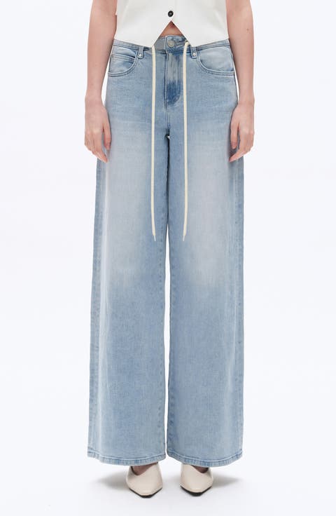 Drawstring High Waist Baggy Wide Leg Jeans