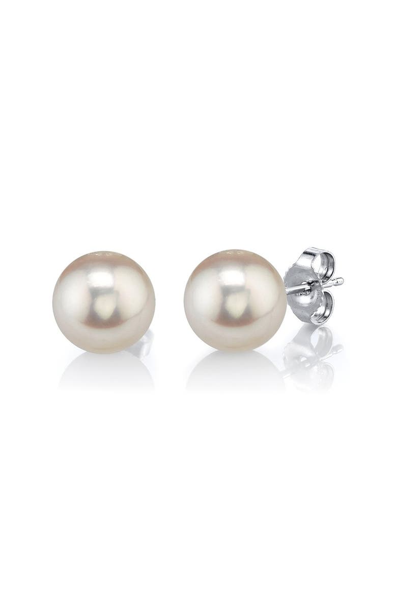 7mm White Freshwater Round Pearl Stud Earrings, Main, color, White Gold
