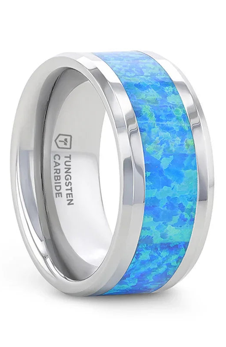Larson Jewelers Quasar Tungsten Wedding Band With Opal Inlay, Main, color, Blue Green Opal 10Mm