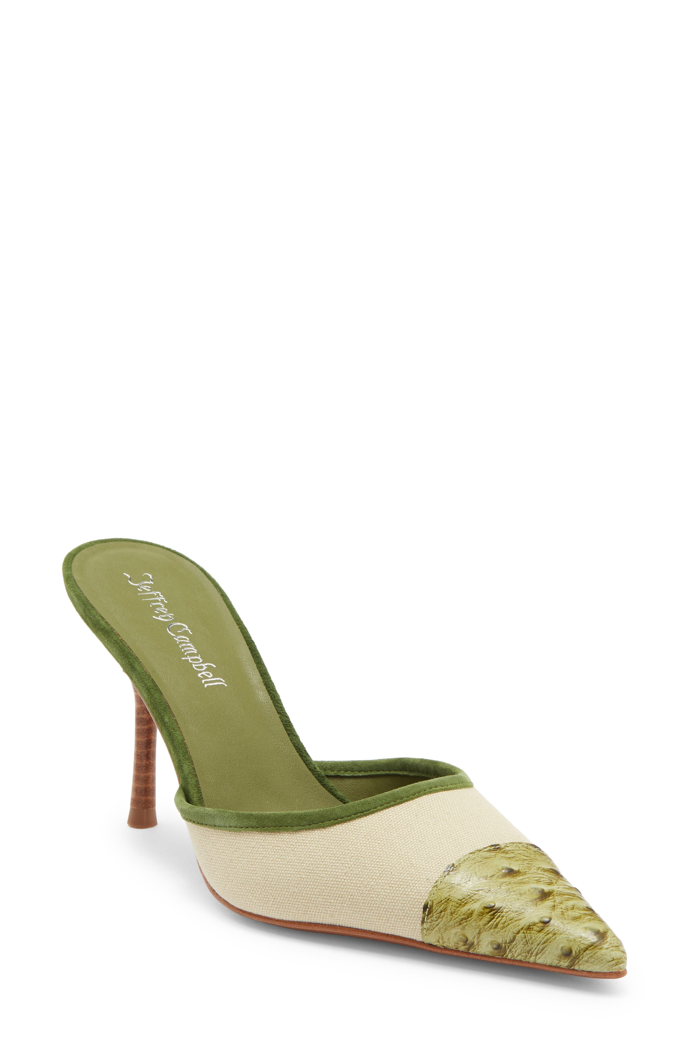 Parse Pointed Cap Toe Mule, Main, color, BEIGE CANVAS GREEN OSTRICH