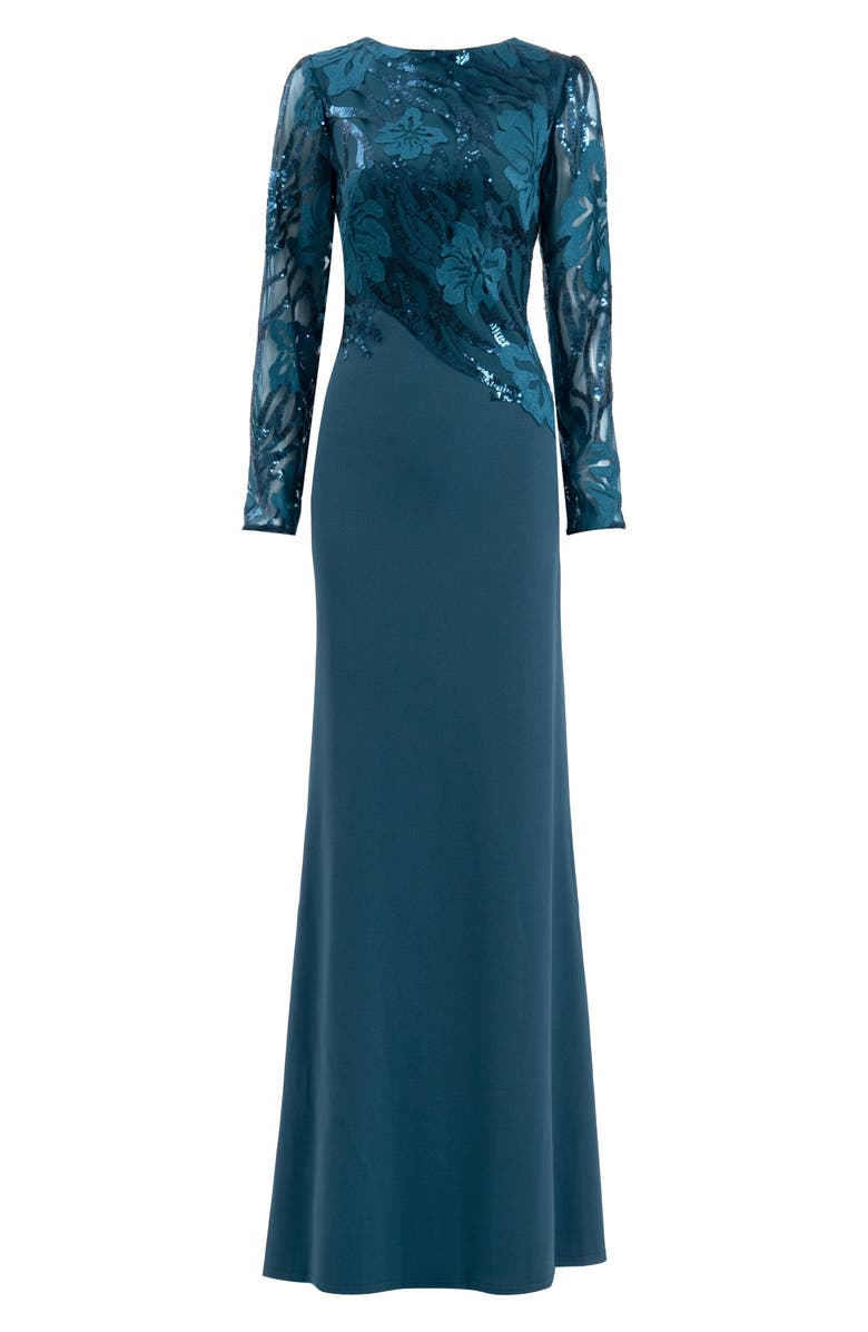 Tadashi Shoji Sequin Floral Jacquard Long Sleeve Gown, Alternate, color, 