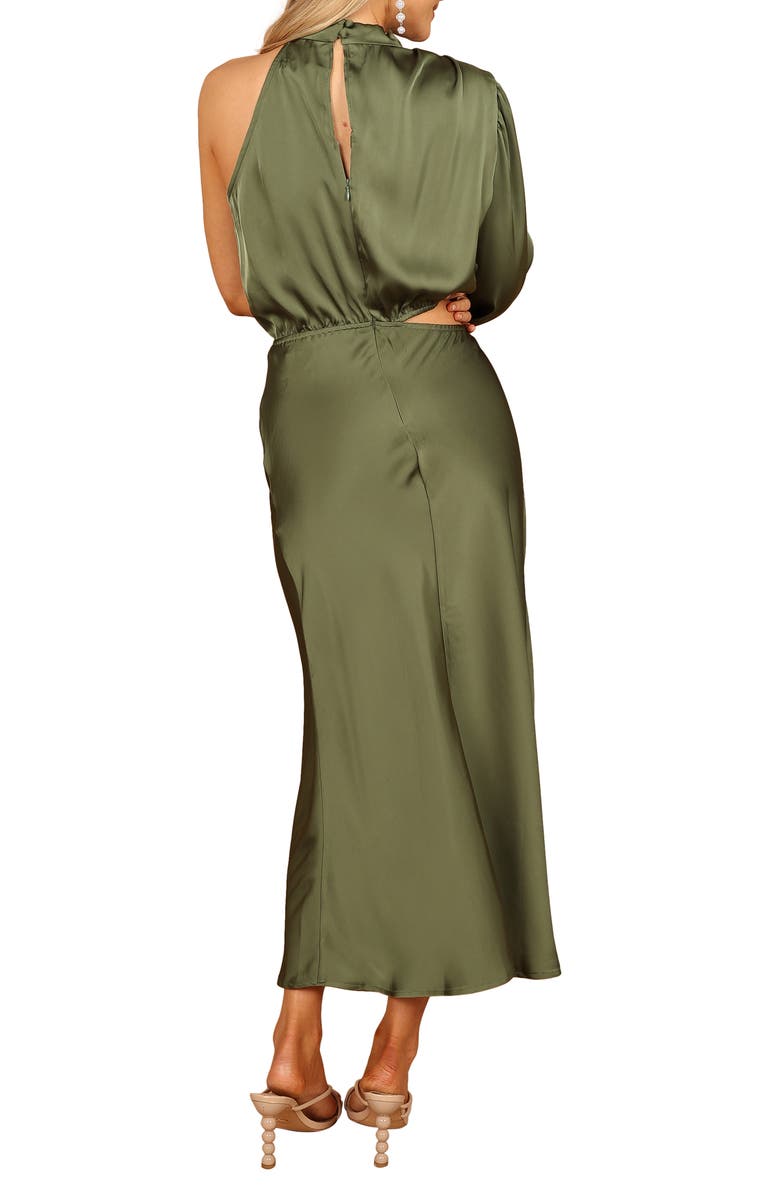Petal & Pup Amelie Cutout Single Long Sleeve Satin Maxi Dress, Alternate, color, Olive