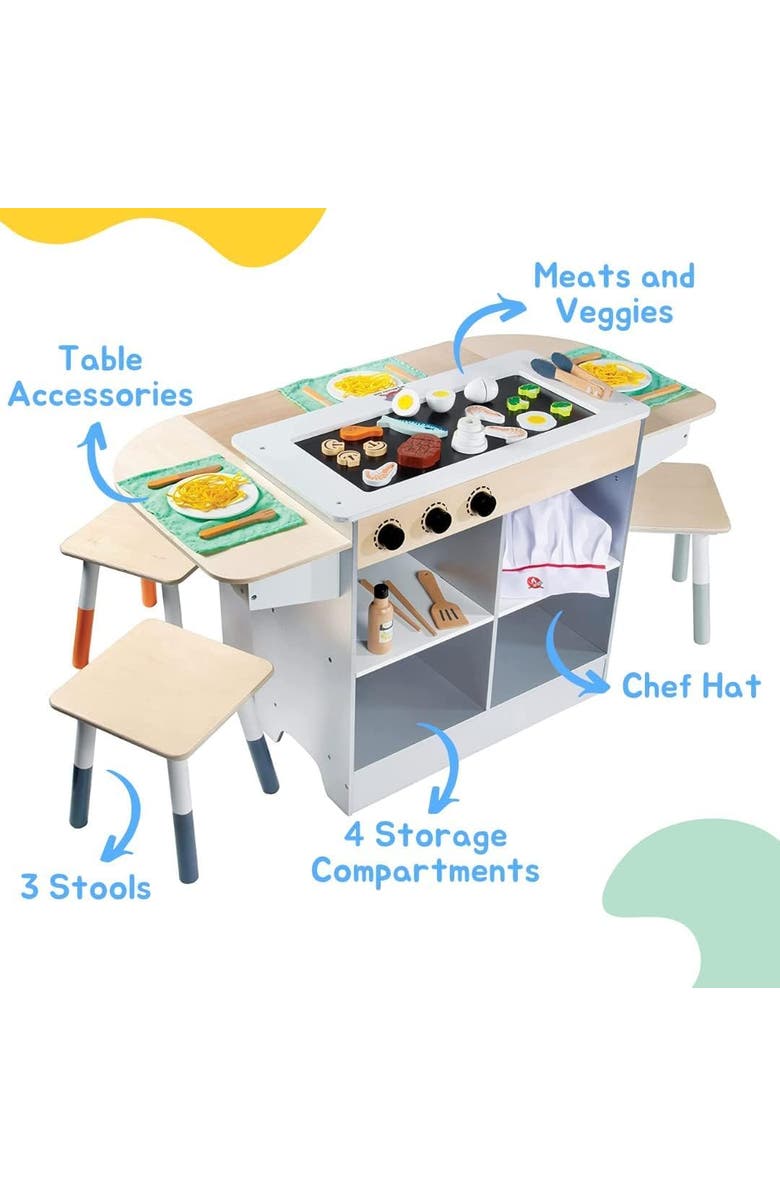 SVAN Hibachi Grill Wooden Kids Playset w Stools, Table Settings & Over 25 Toy Food Pieces, Alternate, color, Beige
