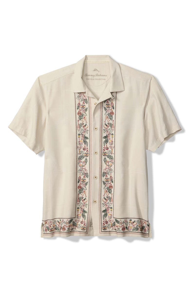 Tommy Bahama Holiday in Paradise Embroidered Silk Camp Shirt, Main, color, Moonbeam