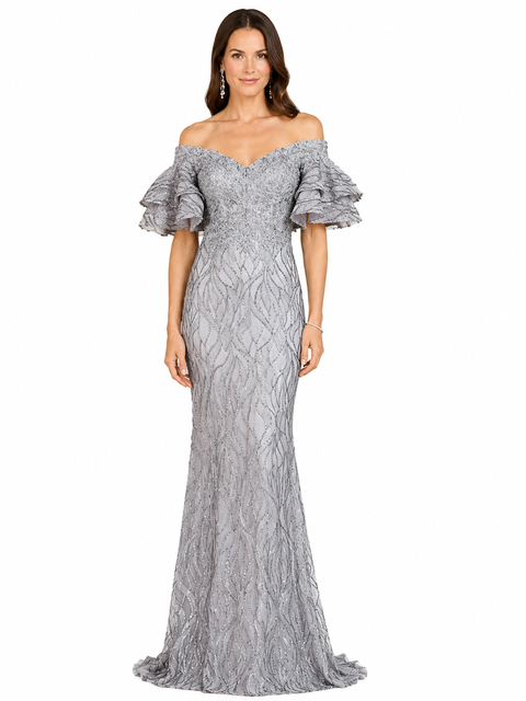 Off Shoulder Mermaid Beaded Gown with Tiered Sleeves