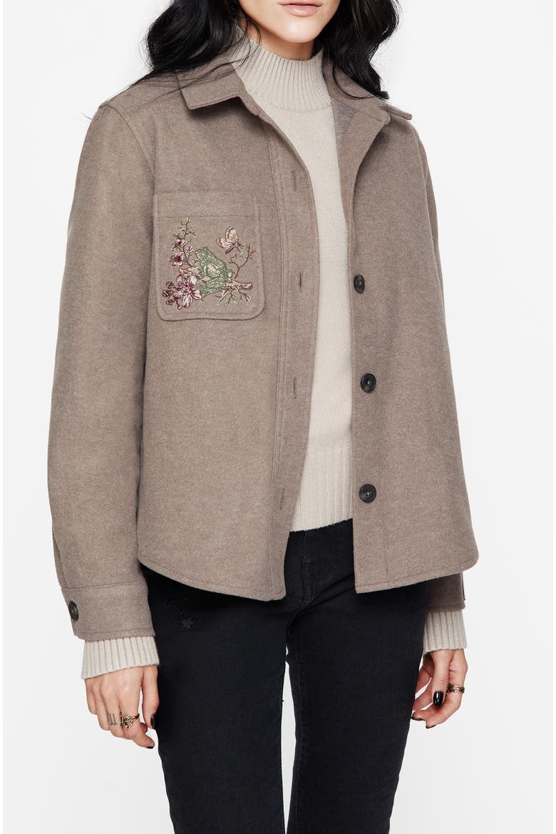 Cordelia Floral Frog Embroidered Shacket, Main, color, Taupe