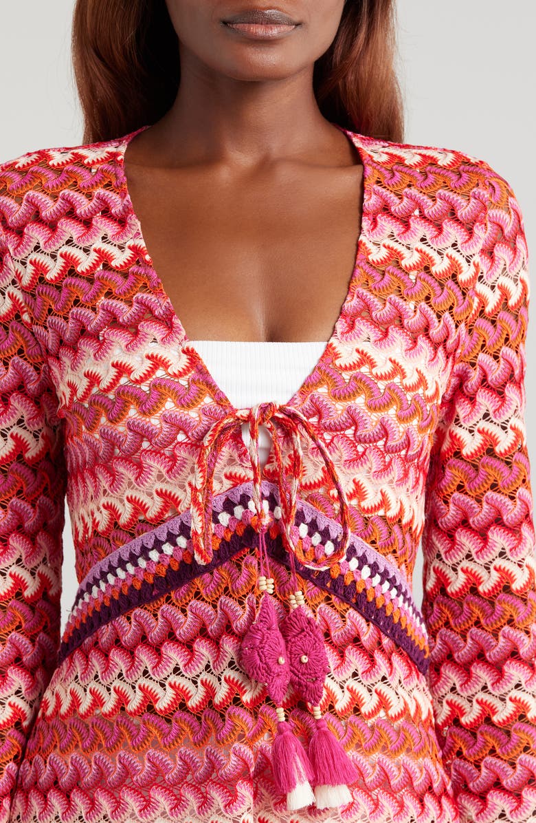 Ramy Brook Carra Crochet Long Sleeve Cover-Up Minidress, Alternate, color, 