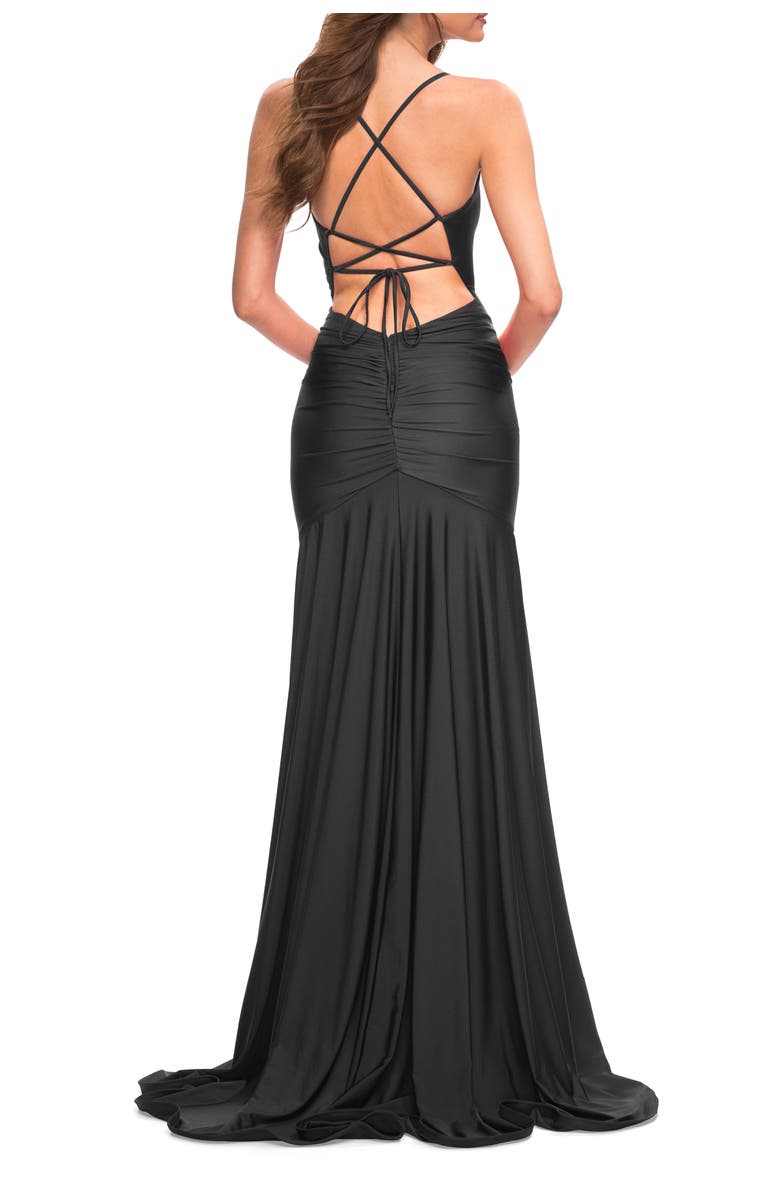 La Femme Long Jersey Ruched Gown with Dramatic Skirt, Alternate, color, Black