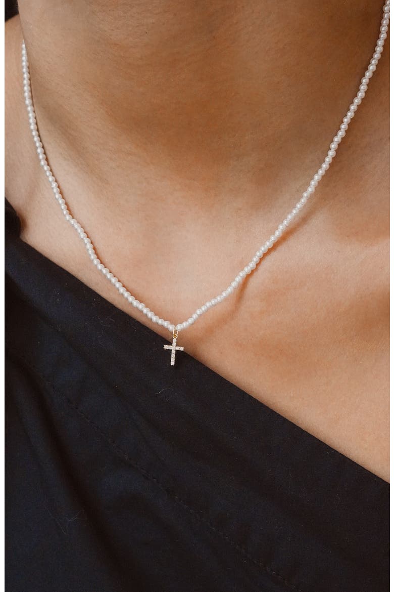 Cubic Zirconia Cross Pendant Faux Pearl Necklace, Alternate, color, GOLD