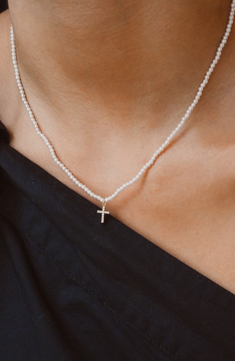 Argento Vivo Sterling Silver Cubic Zirconia Cross Pendant Faux Pearl Necklace, Alternate, color, Gold