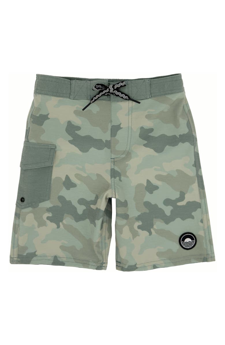 Feather 4 Arrow Kids' Camo Long Board Shorts, Main, color, Camo
