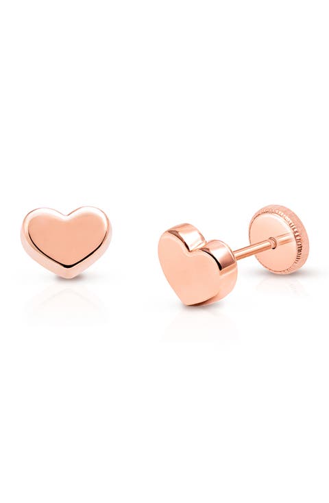 14K Gold Modern Heart Studs Screw Back Earrings