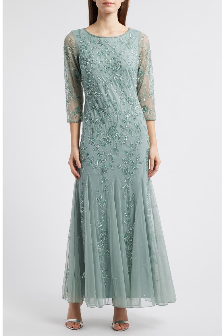 Floral Beaded Tulle Gown, Main, color, SOFT SAGE