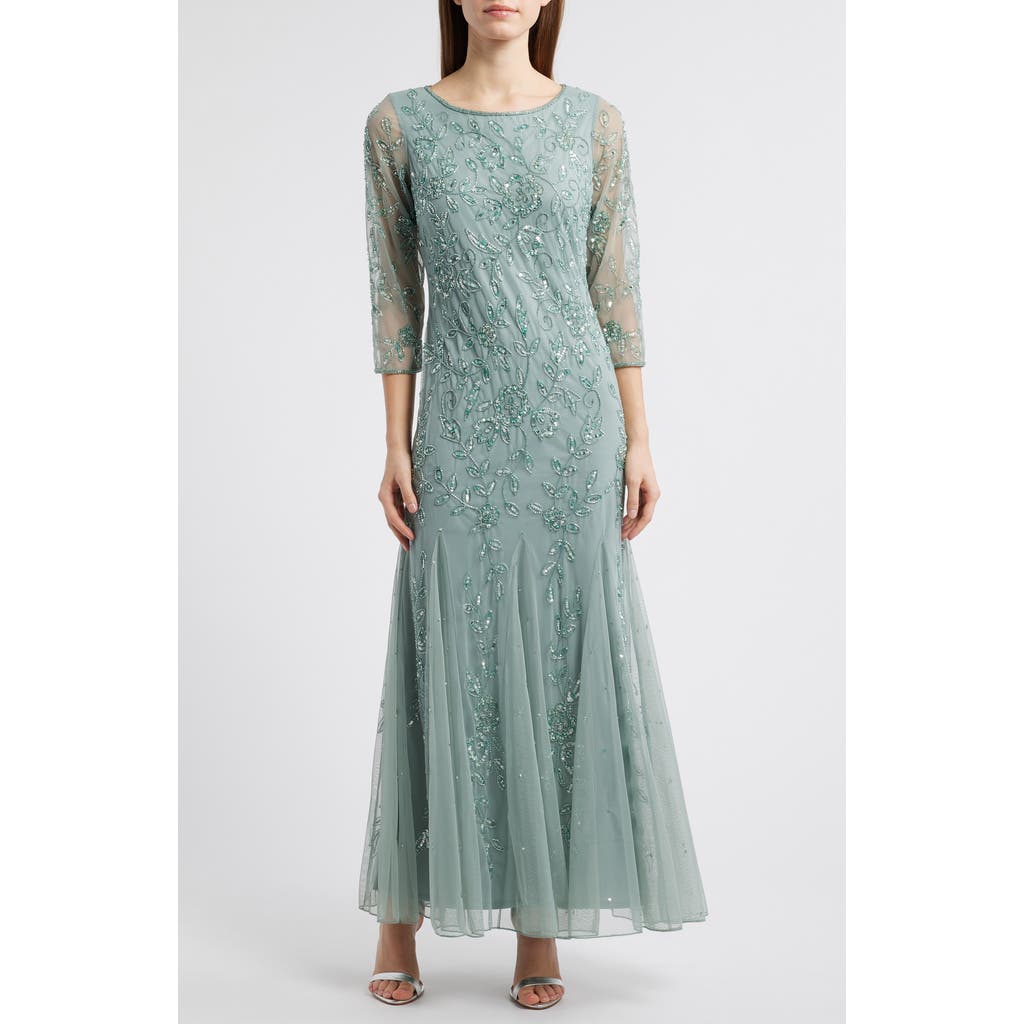 Pisarro Nights Floral Beaded Tulle Gown In Soft Sage
