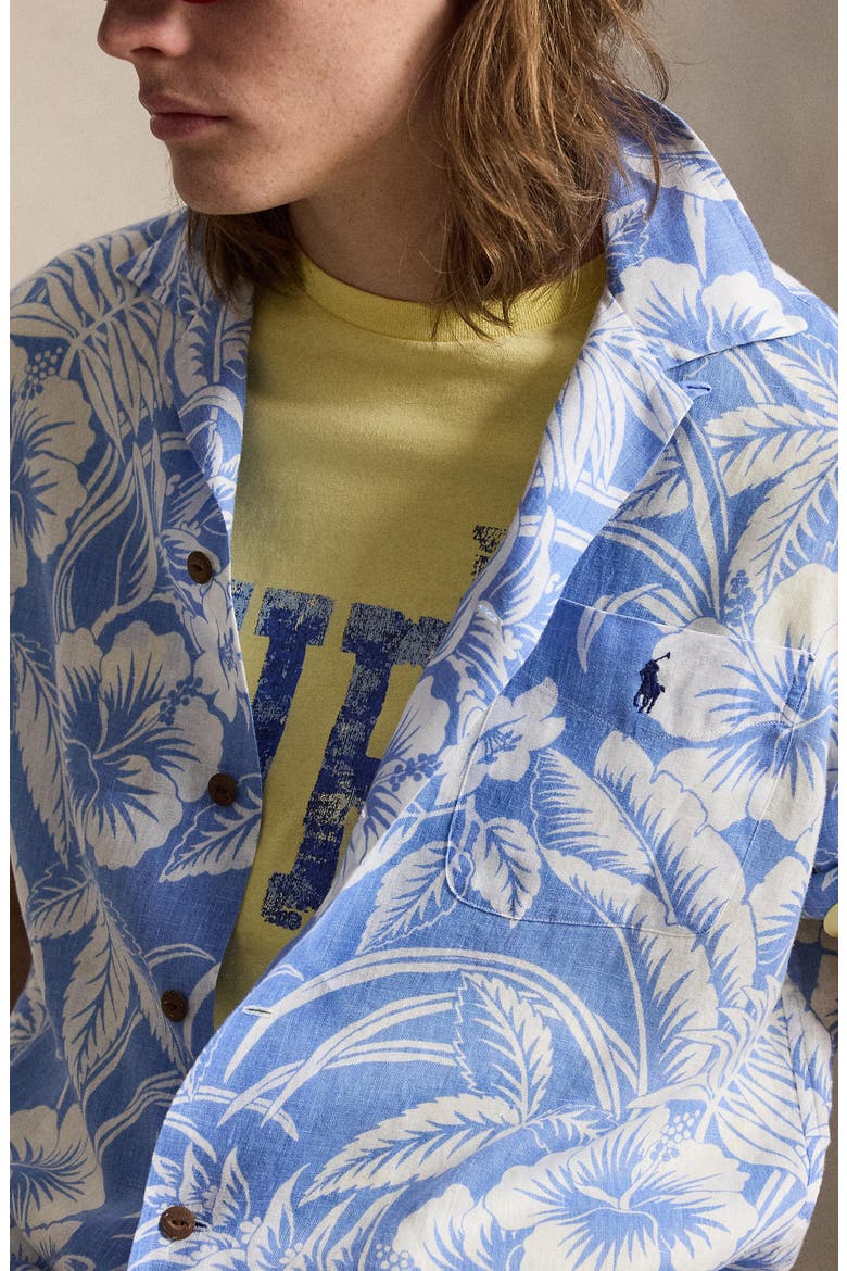 Classic Fit Tropical Print Linen Camp Shirt, Alternate, color, 7165 BLUE SWEETHEART FLORAL