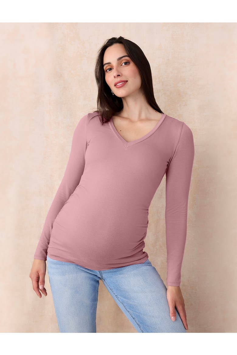 V-Neck Side-Ruched Maternity Long Sleeve Tee, Alternate, color, Tawny Port