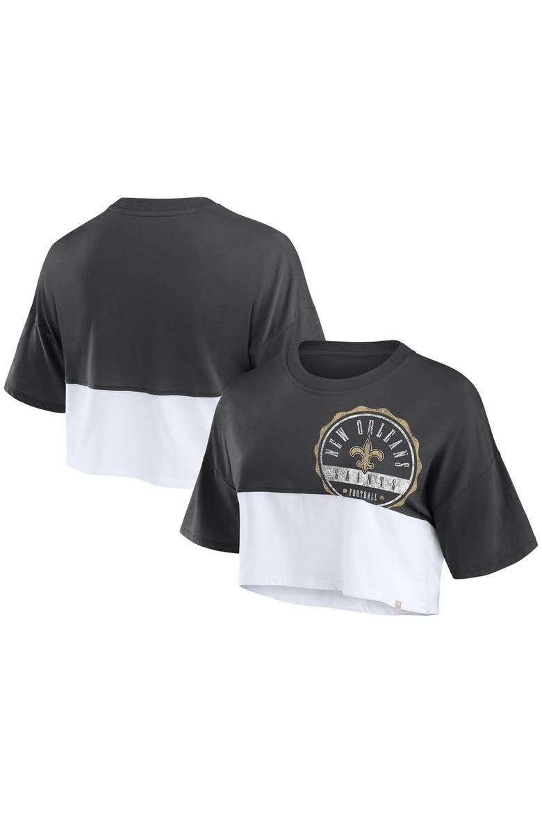 Women's Fanatics Branded Black/White New Orleans Saints Boxy Color Split Cropped T-Shirt, Main, color, Black