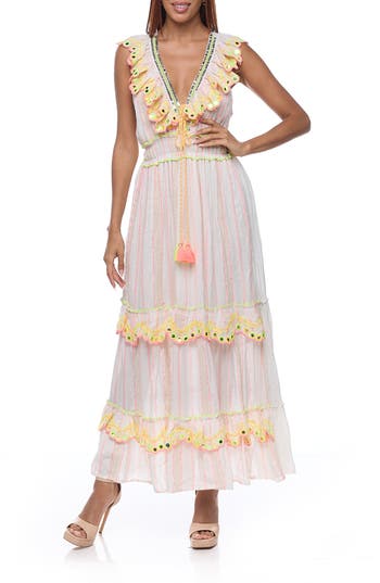 Ranee's Ranees Ruffle Sleeveless Cotton Maxi Dress In White/pink Multi