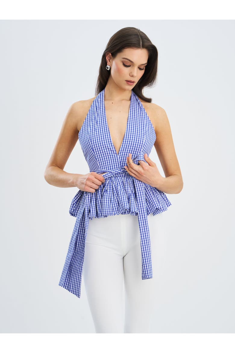 Ilene Checkered Bubble Hem Halter Top, Alternate, color, Blue