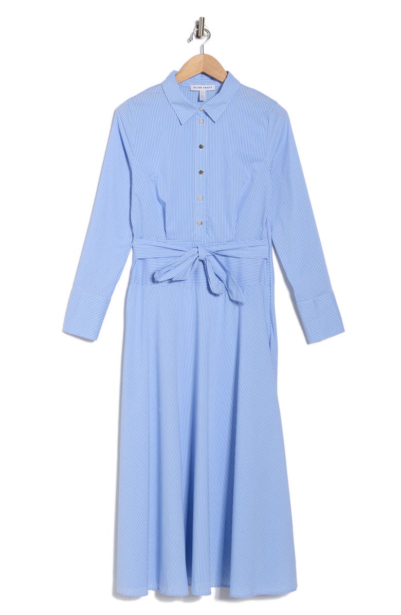 Ellen Tracy Stripe Long Sleeve Stretch Poplin Shirtdress, Main, color, Blue Stripe