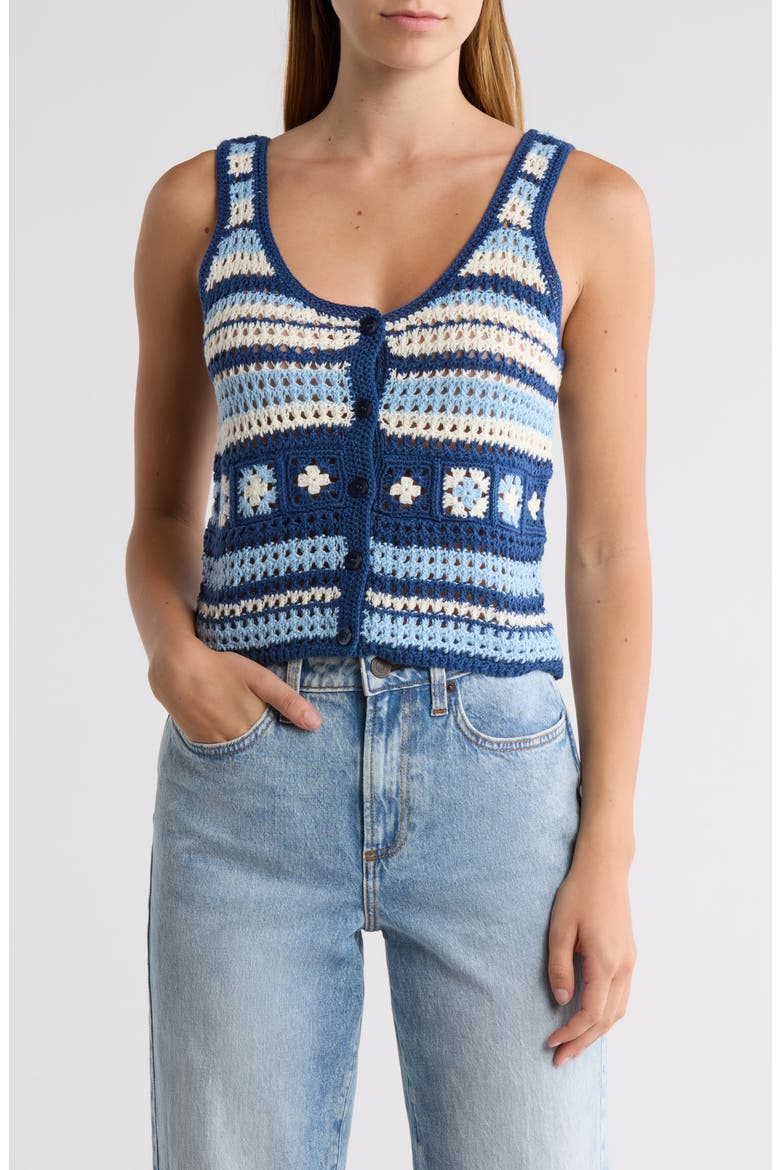 Crocheted Square Button Front Tank, Main, color, BLUE