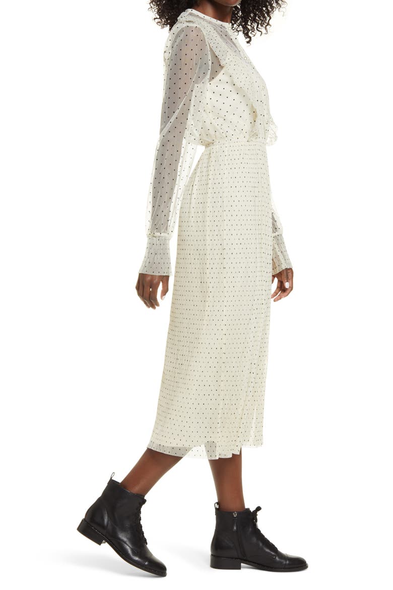 Polka Dot Long Sleeve Ruffle Mesh Midi Dress, Alternate, color, IVORY