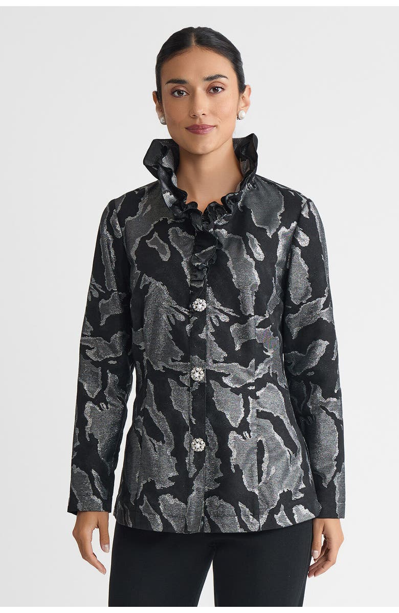 Ming Wang Tailored Shimmer Ruffle Neck Woven Jacquard Jacket, Main, color, Black/Silver