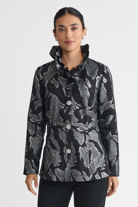 Tailored Shimmer Ruffle Neck Woven Jacquard Jacket