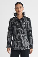 Ming Wang Tailored Shimmer Ruffle Neck Woven Jacquard Jacket