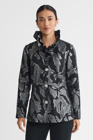 Ming Wang Tailored Shimmer Ruffle Neck Woven Jacquard Jacket