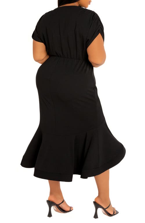 Buxom Couture Wrap Front Flounce Hem High-low Mermaid Midi Dress In Black