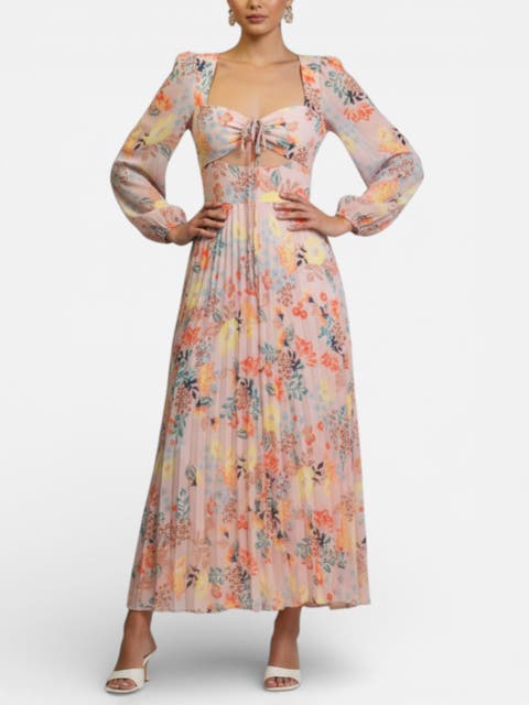 Long-Sleeve Amira Pleated Midi Dress