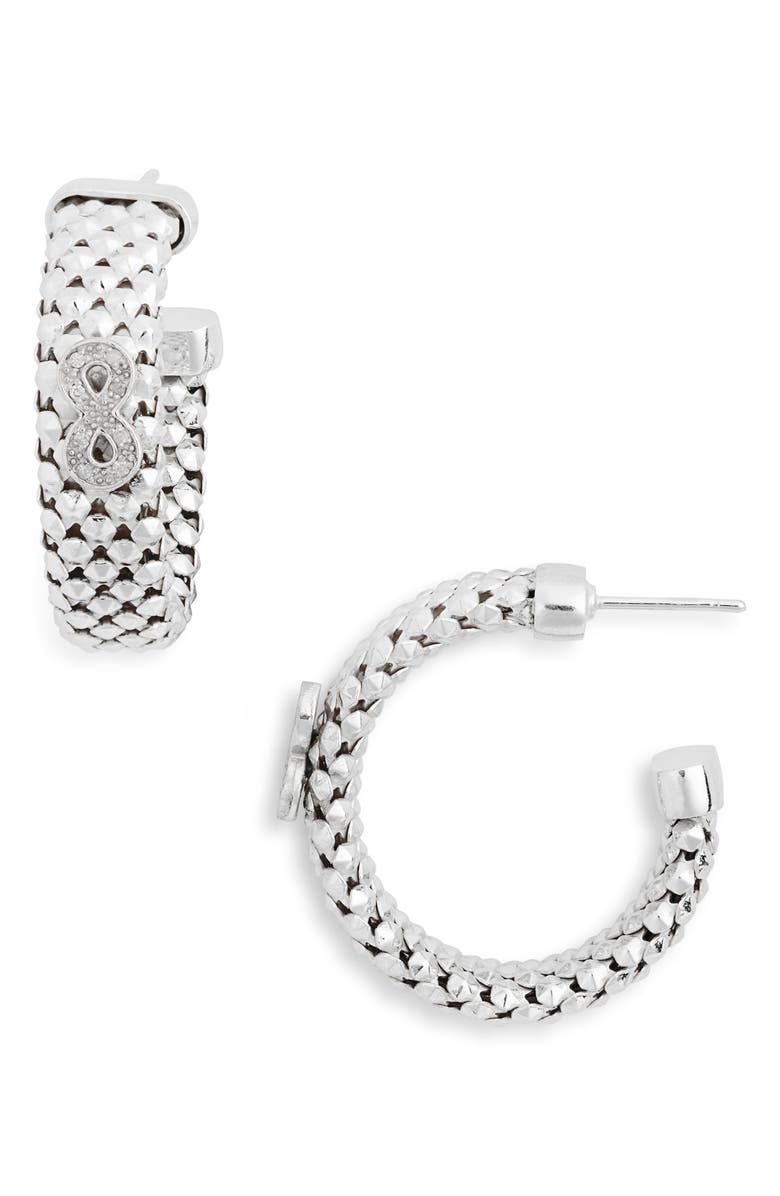 MESHMERISE Diamond Infinity Woven Hoop Earrings, Main, color, Silver