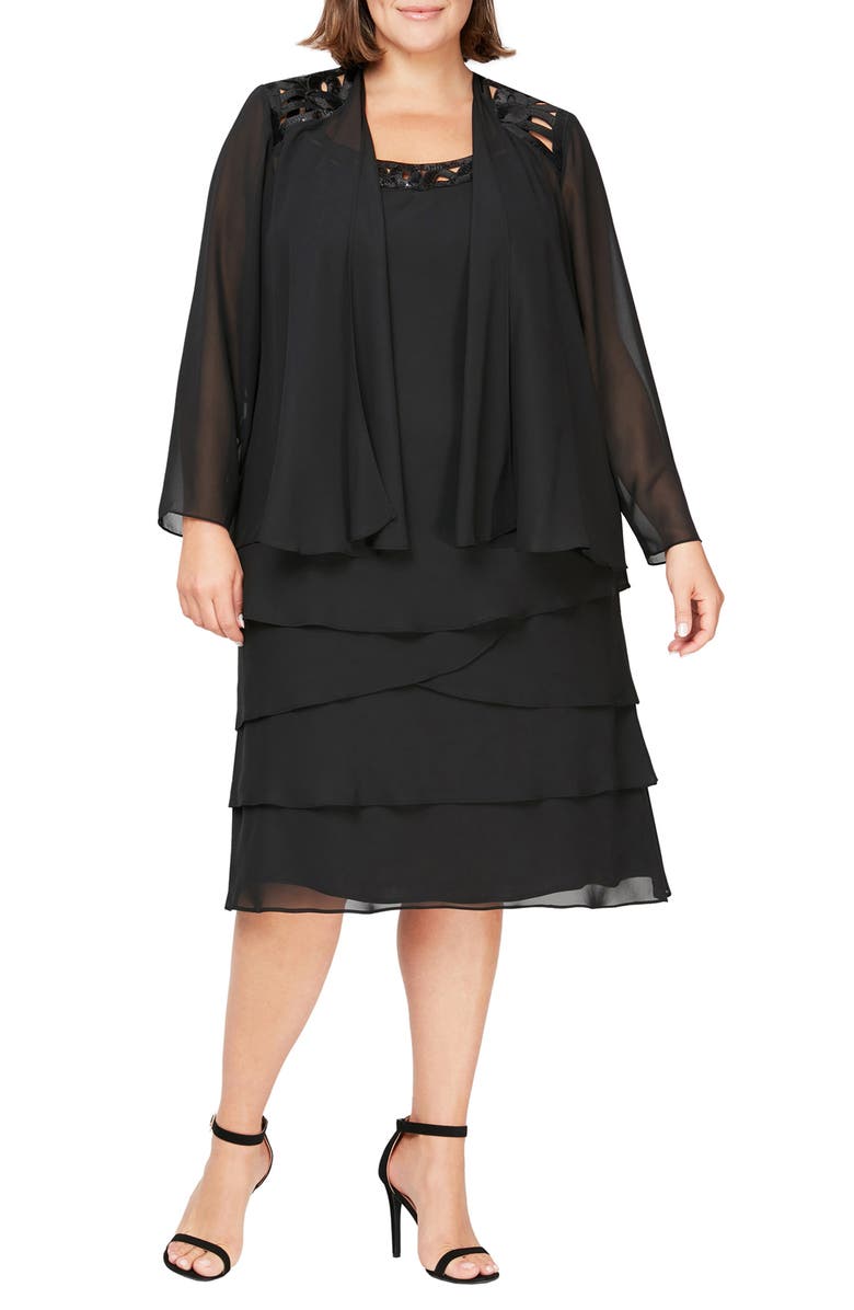 SL FASHIONS Layered Sequin Cocktail Dress & Jacket, Main, color, Black