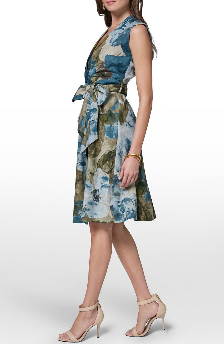 Donna Karan New York Floral Faux Wrap Linen-Blend Dress, Alternate, color, Washed Indgo