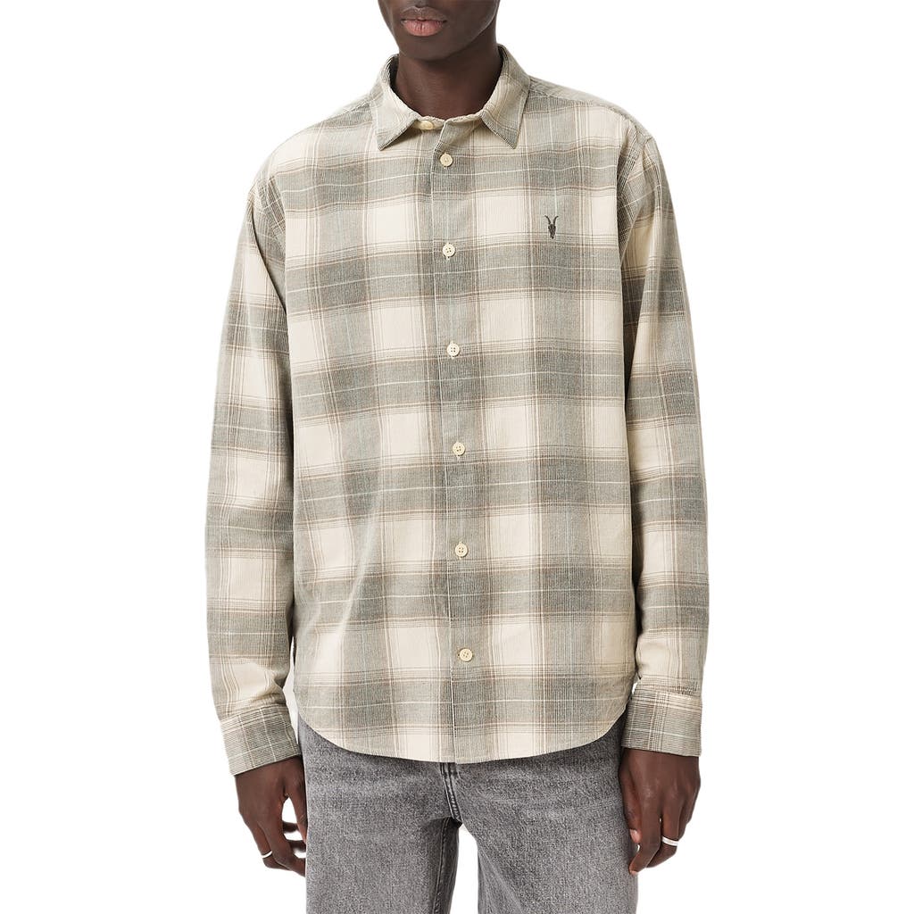 Allsaints Mens Sandshell Taup Yuki Logo-embroidered Checked Cotton Shirt In Gray