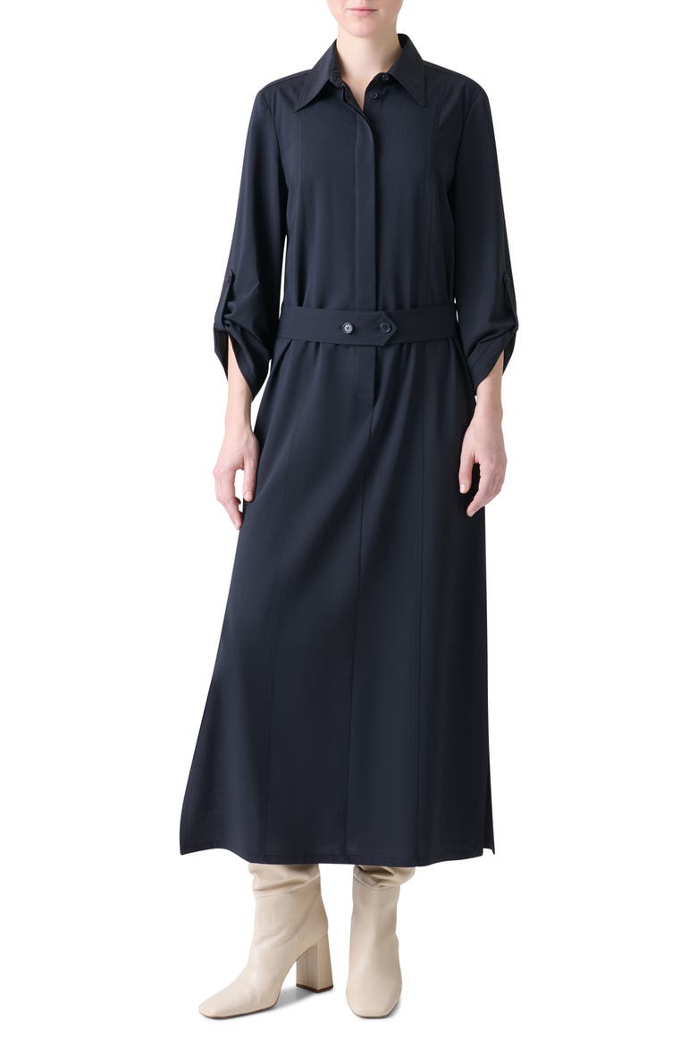 Long Sleeve Stretch Wool Midi Shirtdress, Main, color, NAVY