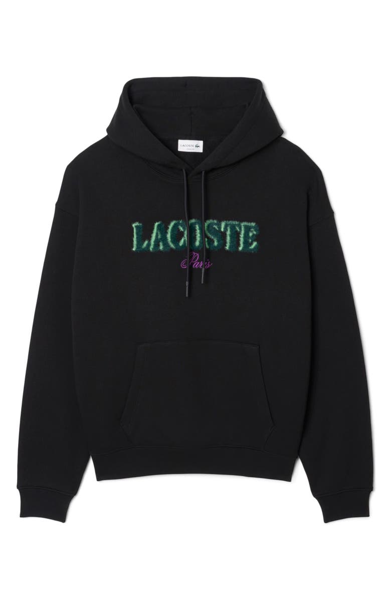 Lacoste Loose Fit Fuzzy Logo Cotton French Terry Hoodie, Main, color, Black