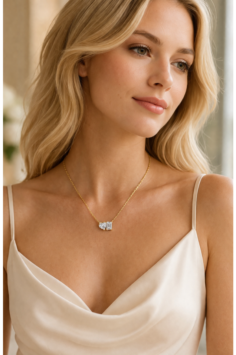 2 ct. t.w. Toi et Moi Moissanite Necklace (Heart & Emerald-Cut, Color D, FL Clarity) in Gold Vermeil, Alternate, color, Gold