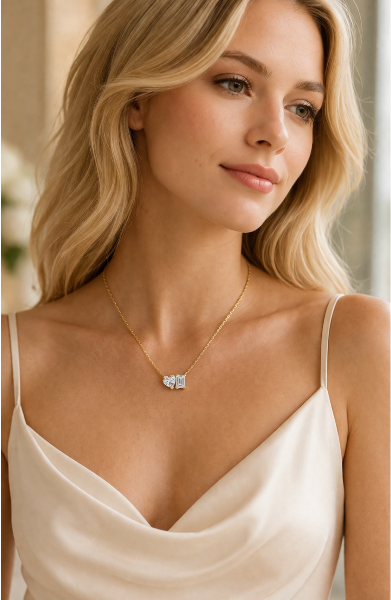 DLORIA 2 ct. t.w. Toi et Moi Moissanite Necklace (Heart & Emerald-Cut, Color D, FL Clarity) in Gold Vermeil, Alternate, color, Gold