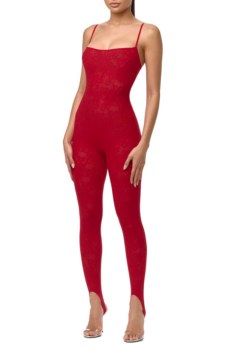 Lace Stretch Lace Stirrup Jumpsuit, Alternate, color, RUBY RED