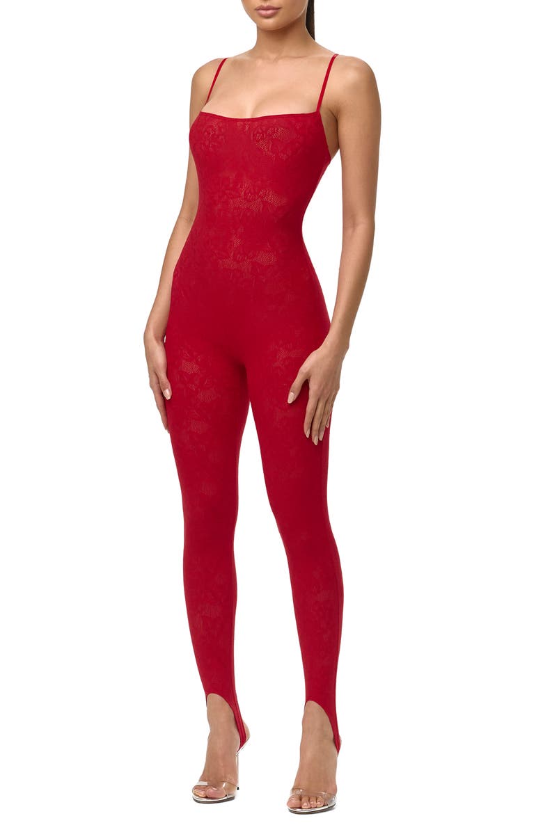 Naked Wardrobe Lace Stretch Lace Stirrup Jumpsuit, Alternate, color, Ruby Red